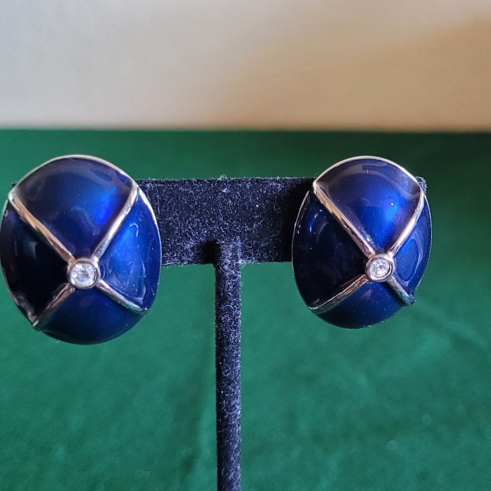 Ivana Trump blue enamel, clear rhinstone earrings